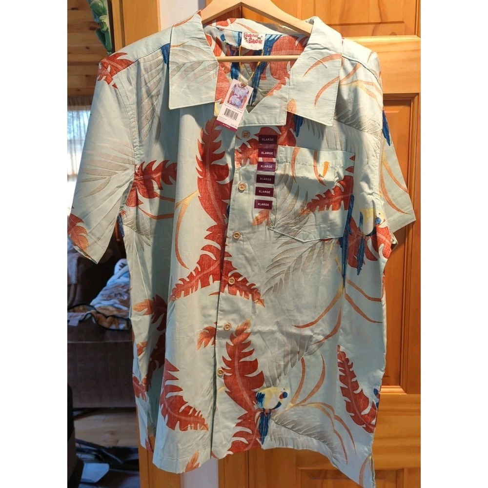 Barefoot in Paradise Men's Lt Blue Bird Hawaiian Button Down Shirt‎ Size XLarge